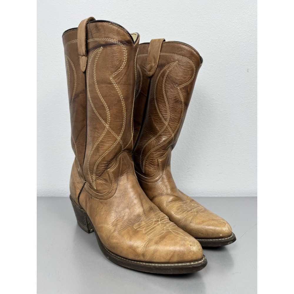Vintage Texas Cowboy Boots Mens 9 EE Brown Leather Embroidered Western Rodeo 80s